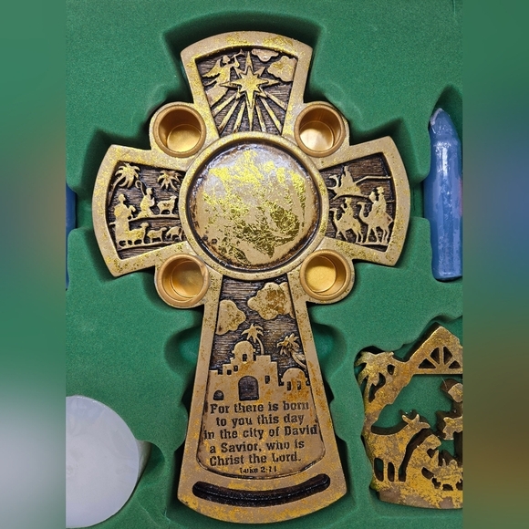 Vintage Dicksons Nativity Avent Candle Holder Religious Scripture Cross Gold - Picture 4 of 14